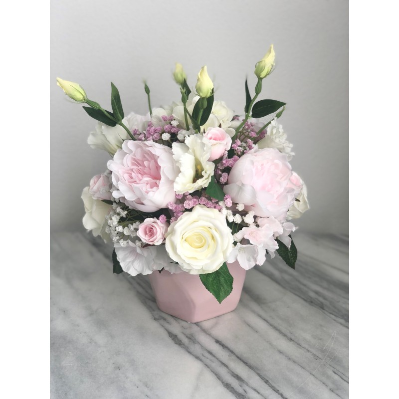 Seidenblumen Arrangement mit puderrosa Peonies in der Vase 2
