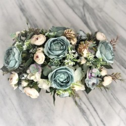 Seidenblumen Arrangement in einem Altholz Gefäss (petrolblau) 2