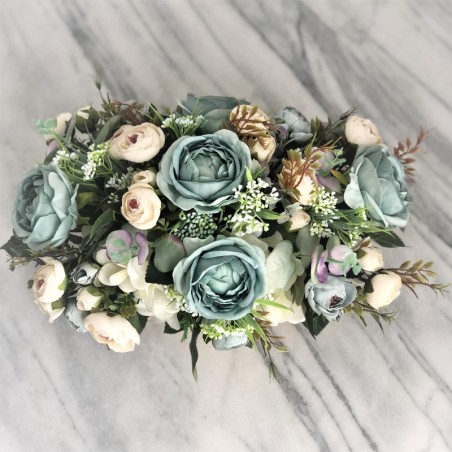 Seidenblumen Arrangement in einem Altholz Gefäss (petrolblau) 2