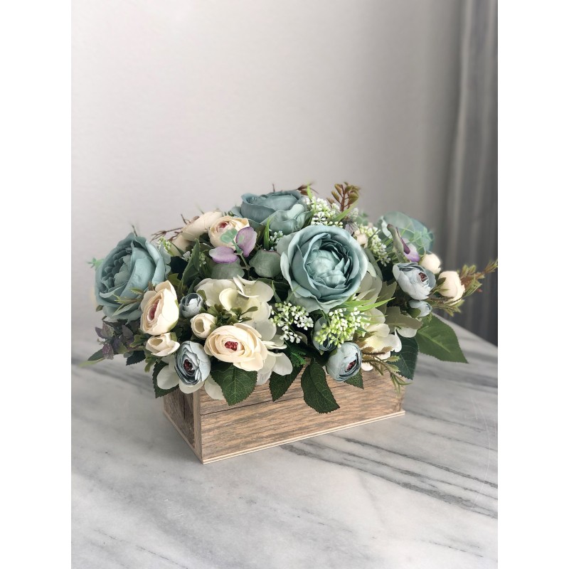 Seidenblumen Arrangement in einem Altholz Gefäss (petrolblau) 5