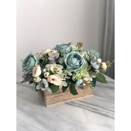 Seidenblumen Arrangement in einem Altholz Gefäss (petrolblau) 5