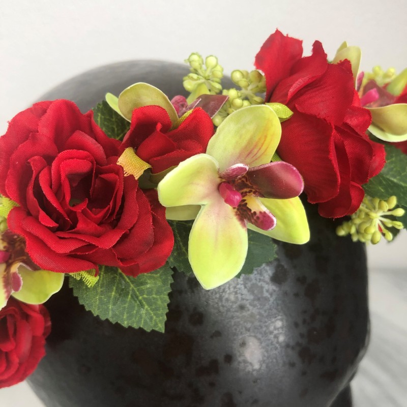 Kunstblumen Krone mit Rote Rosen und Orchideen 5