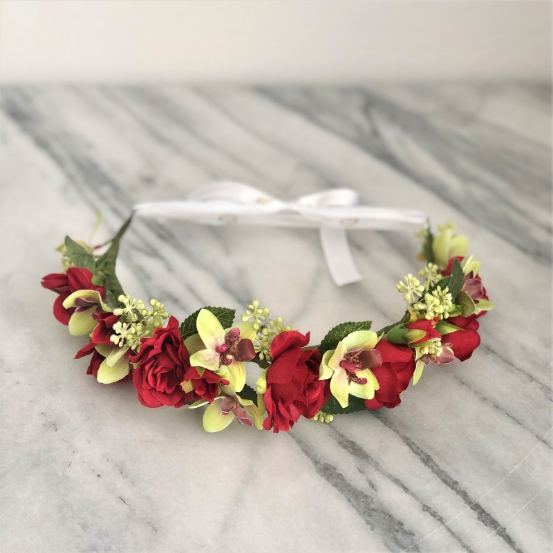 Kunstblumen Krone mit Rote Rosen und Orchideen 6