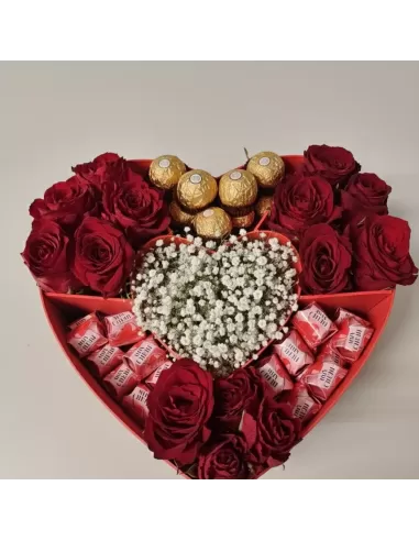 Heart box with red roses and pralines