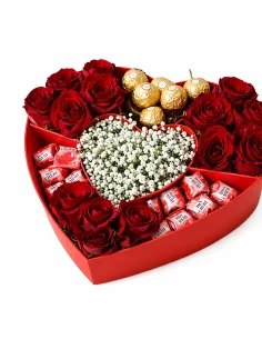 Heart box with red roses and pralines 2