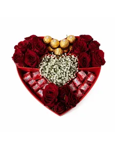 Heart box with red roses and pralines