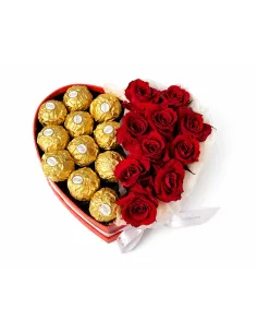 Heart box with roses and Ferrero Rocher