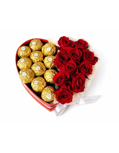Heart box with roses and Ferrero Rocher