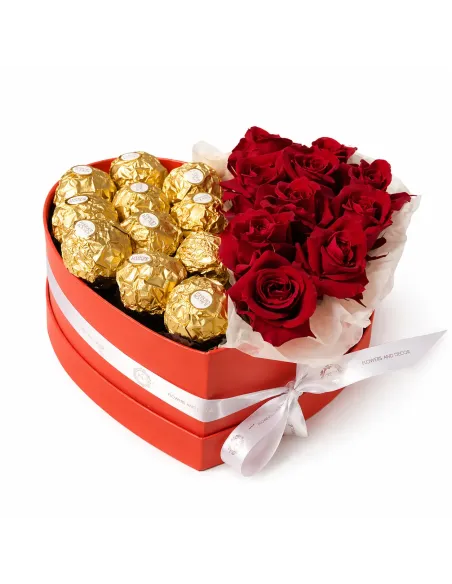 Heart box with roses and Ferrero Rocher