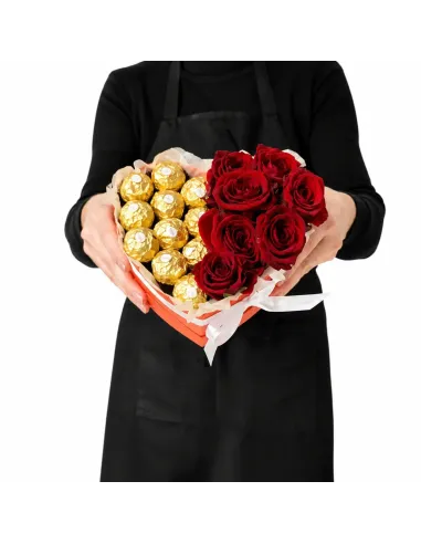 Heart box with roses and Ferrero Rocher