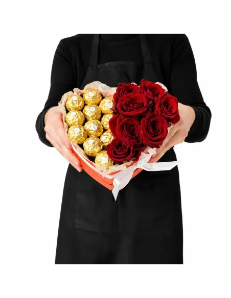 Heart box with roses and Ferrero Rocher