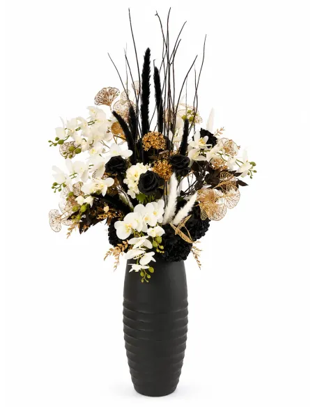 Large floral arrangement in black, white and gold, available for rent
