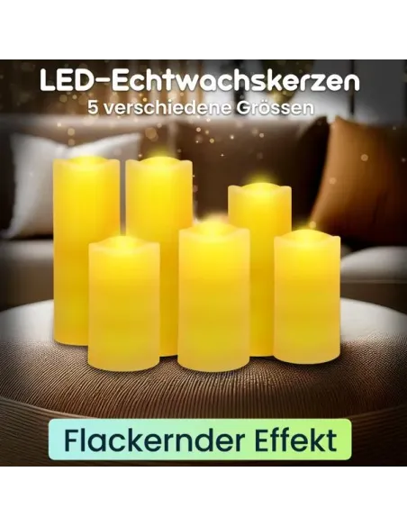 6er - Set LED-Echtwachskerzen mit Fernbedienung – dimmbar, flackernder Effekt