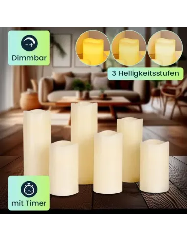 6er - Set LED-Echtwachskerzen mit Fernbedienung – dimmbar, flackernder Effekt
