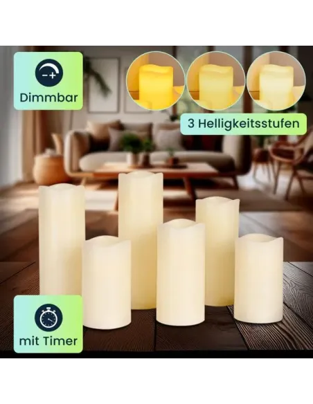 6er - Set LED-Echtwachskerzen mit Fernbedienung – dimmbar, flackernder Effekt