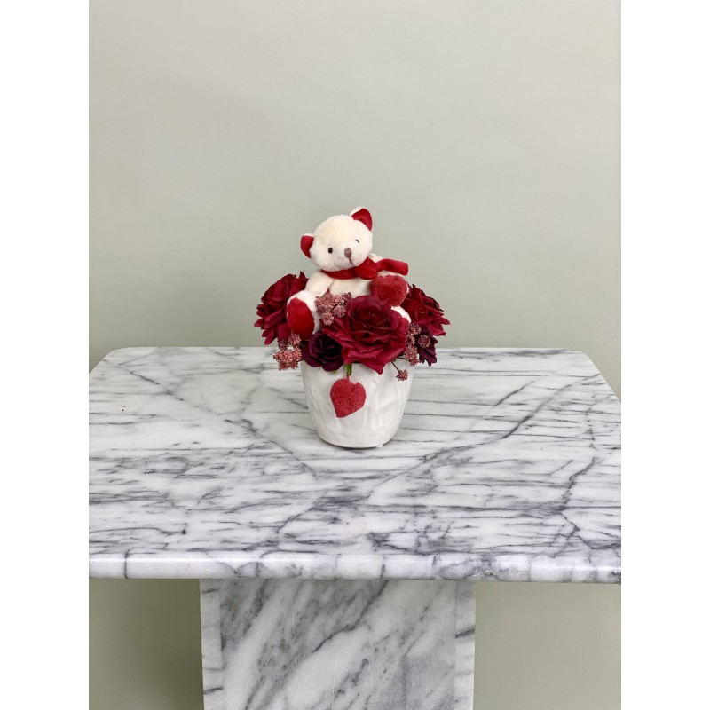Kunstblumengesteck mit Teddybär in der Vase 3