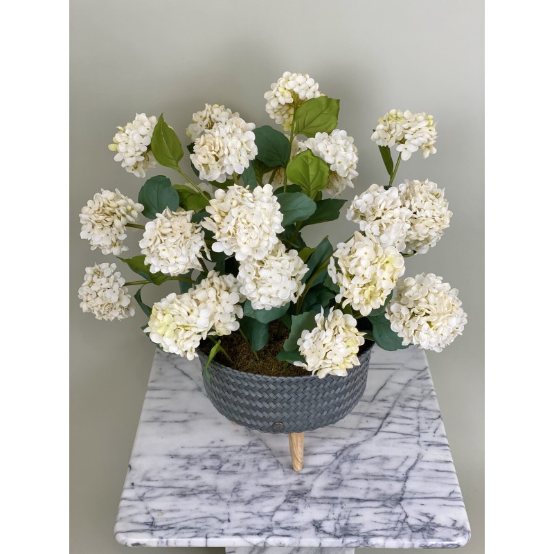 Ein hochwertiges künstliches Hortensien-Arrangement in einem Rattantopf 5